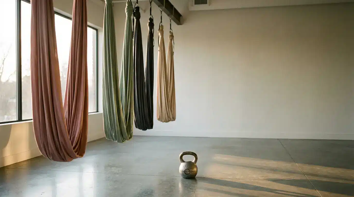 Aerial yoga hammocks and solitary kettlebell in sunlit empty studio space