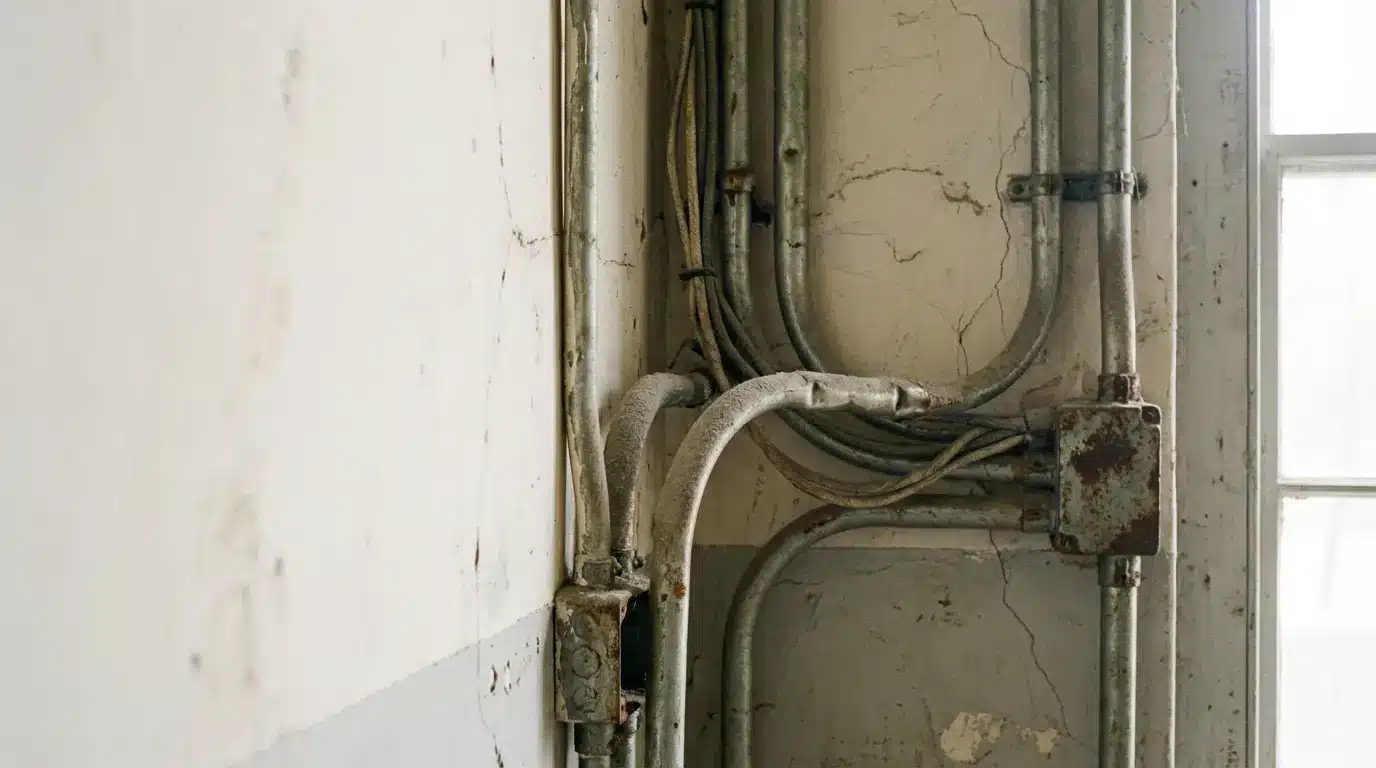 Rusty electrical pipes and junction box on cracked industrial wall in dimly lit setting