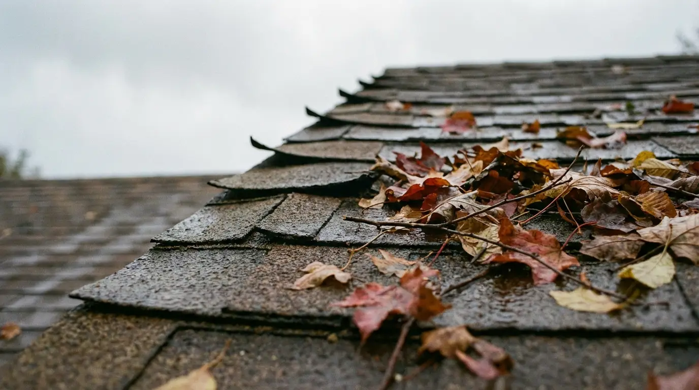 Wet autumn leaves scattered on dark shingle roof under overcast sky