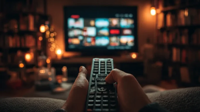 Remote control pointed at television in dimly lit living room with warm ambient lighting