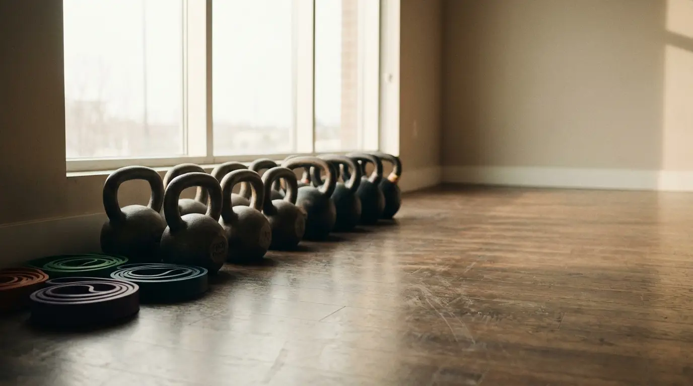 Kettlebells and resistance bands on wooden floor in sunlit gym setting