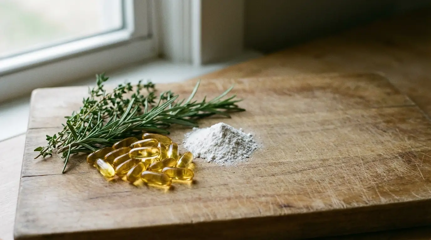 Herbs, fish oil capsules, and flour on wooden cutting board by a window