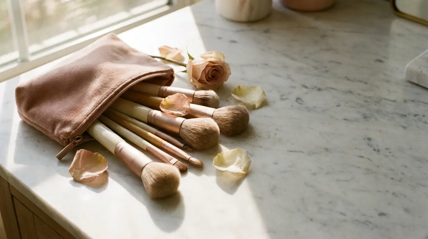 Makeup brushes scattered from pink pouch on marble countertop with rose petals and soft lighting