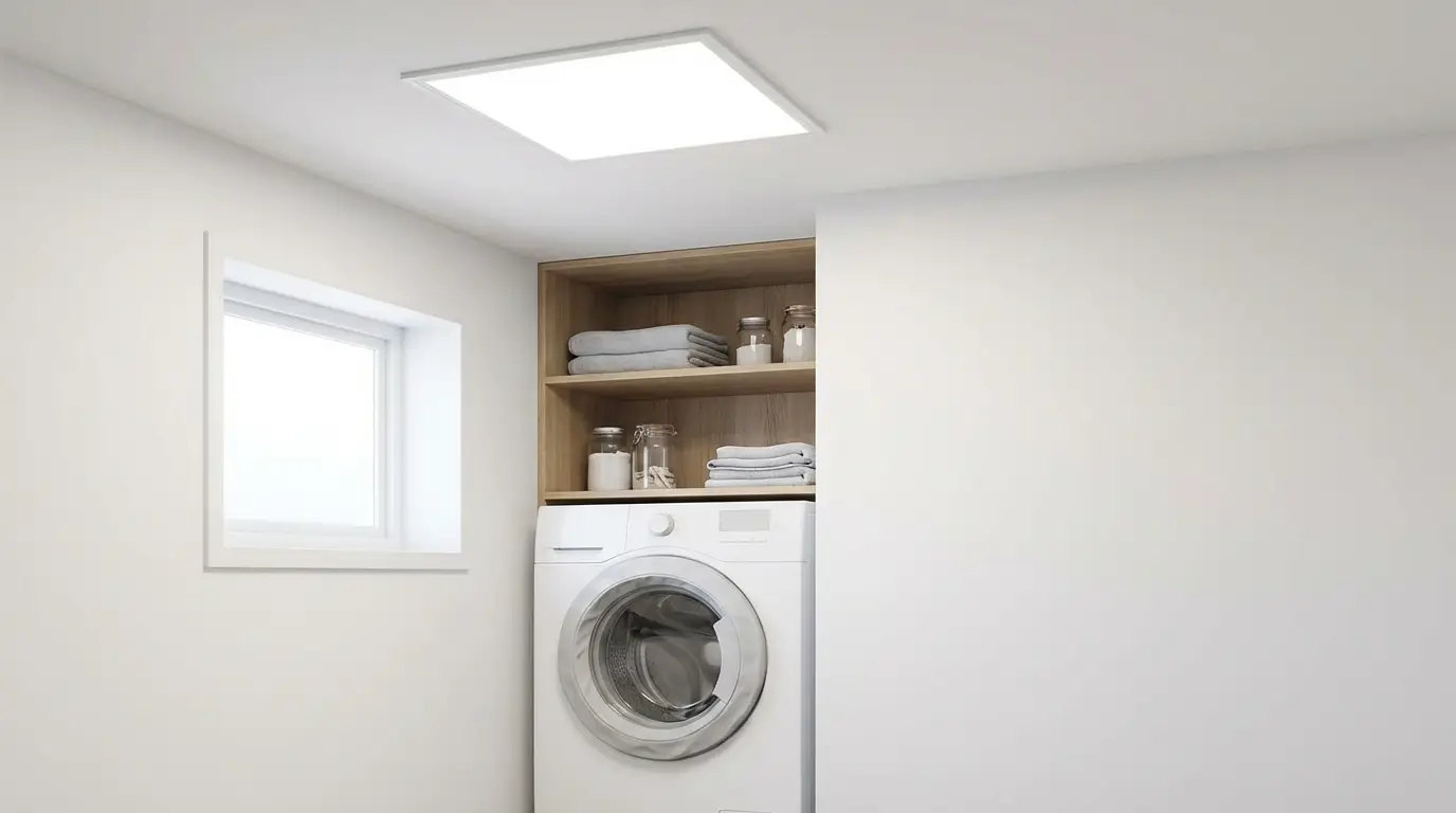 White washing machine in minimalist laundry room with shelves and neatly stacked towels