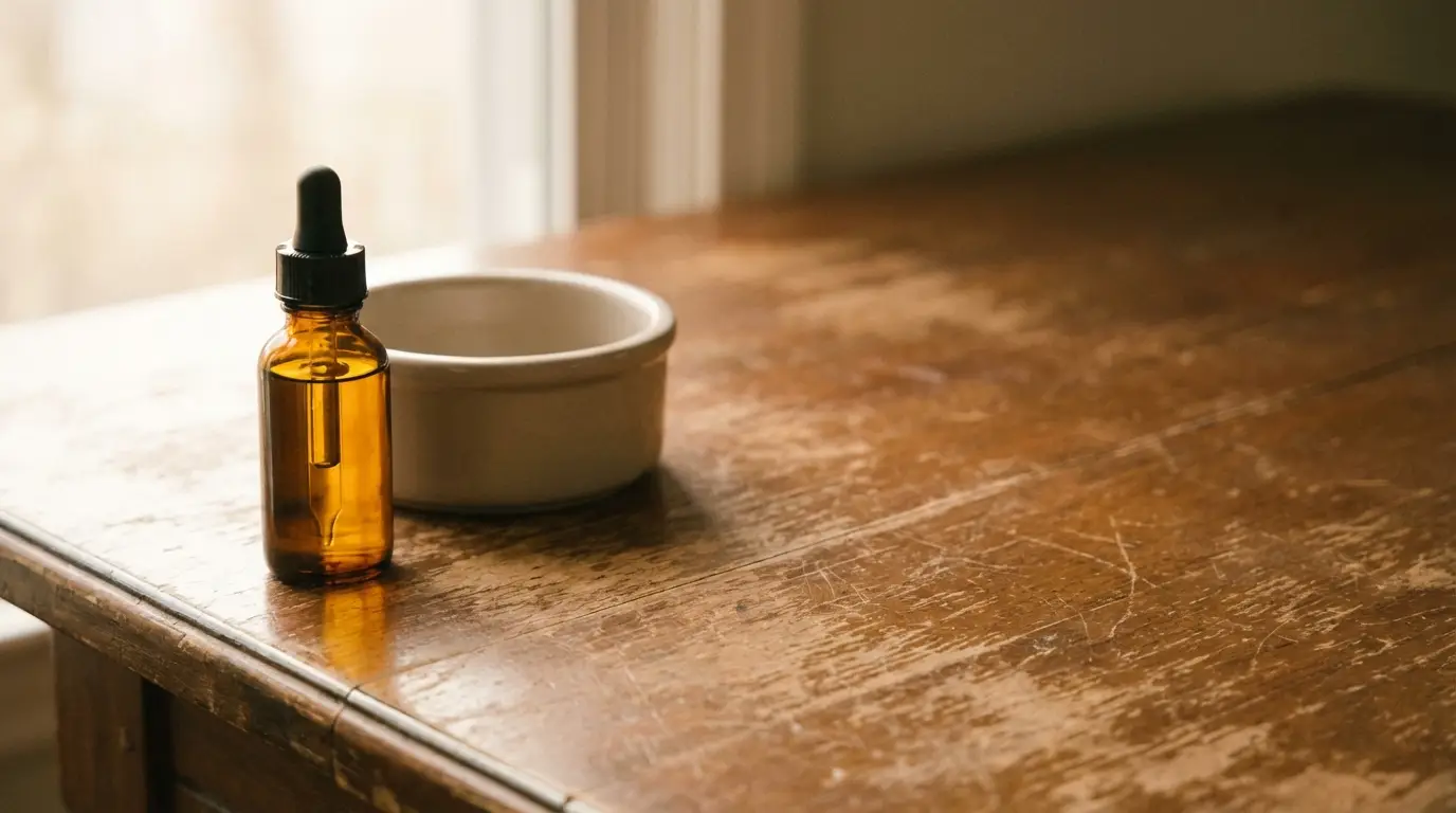 Amber glass dropper bottle and ceramic bowl on rustic wooden table in soft natural light
