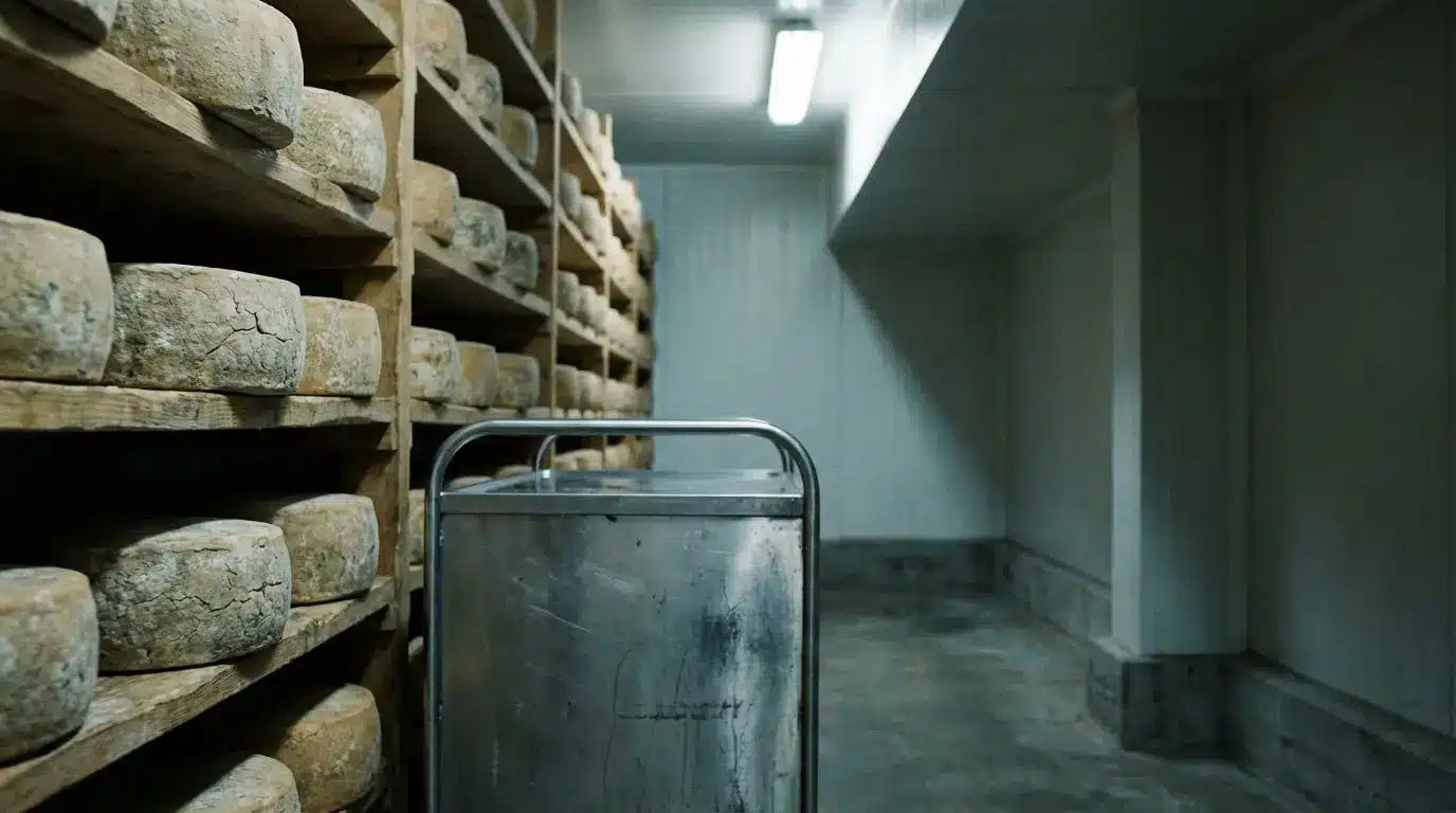 Cheese wheels aging on wooden shelves in cool dimly lit storage room