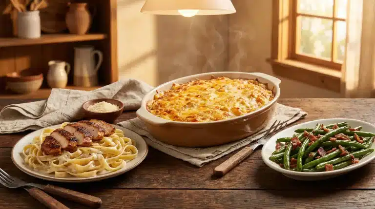 Cheesy casserole, fettuccine with chicken, and green beans on rustic wooden table in warm kitchen