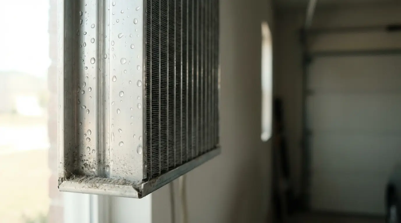 Water droplets on metal air conditioner fins in a dimly lit room
