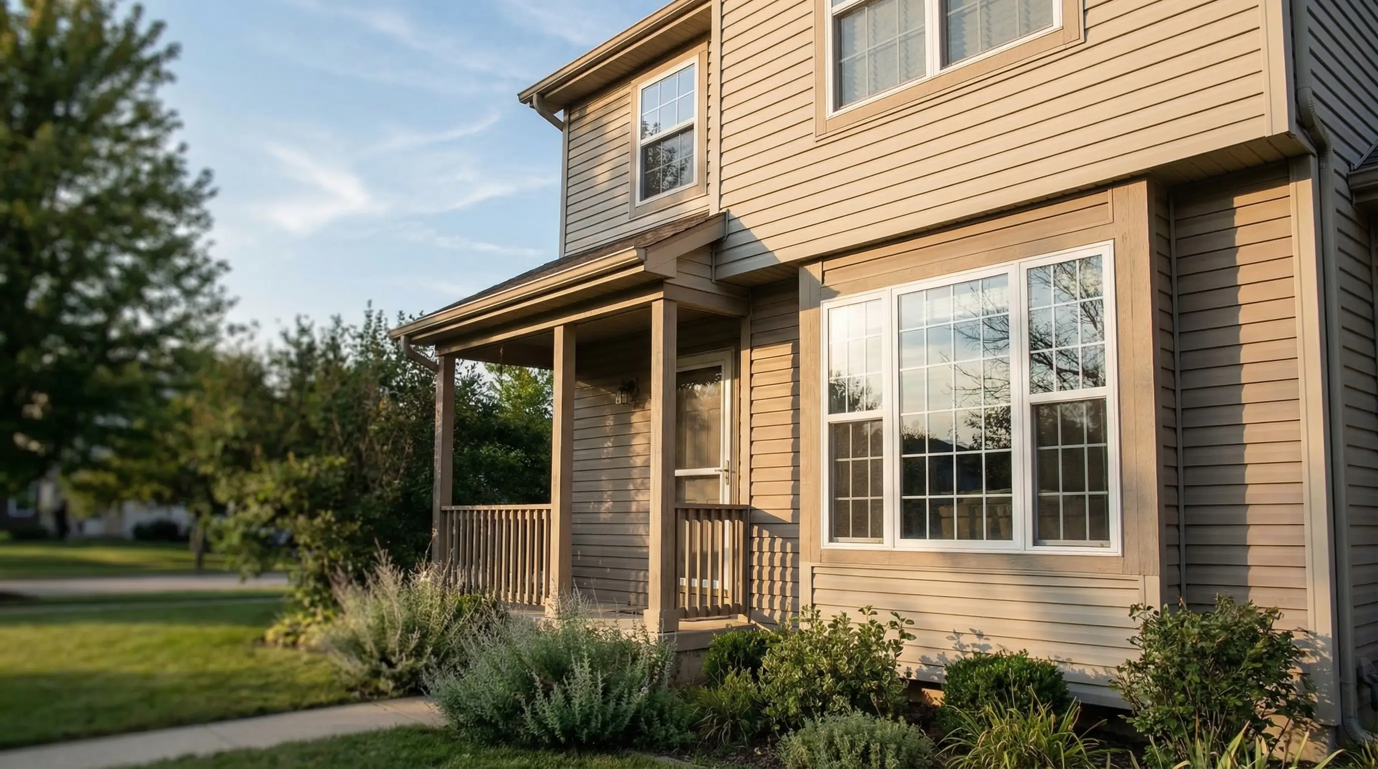 Tan two-story house with large front windows and small porch in a suburban neighborhood