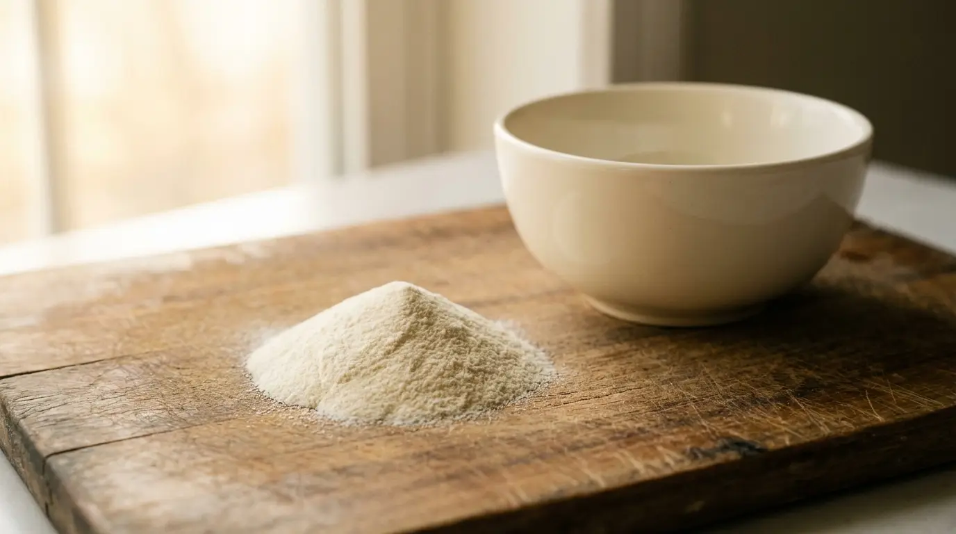 Pile of flour and ceramic bowl on wooden board in soft natural light