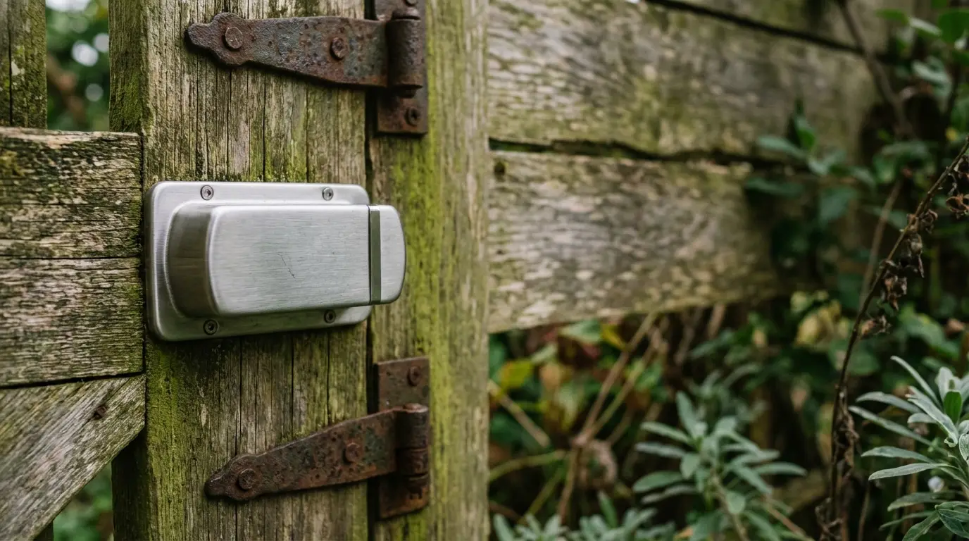 Rustic wooden gate with metal latch and hinge surrounded by greenery