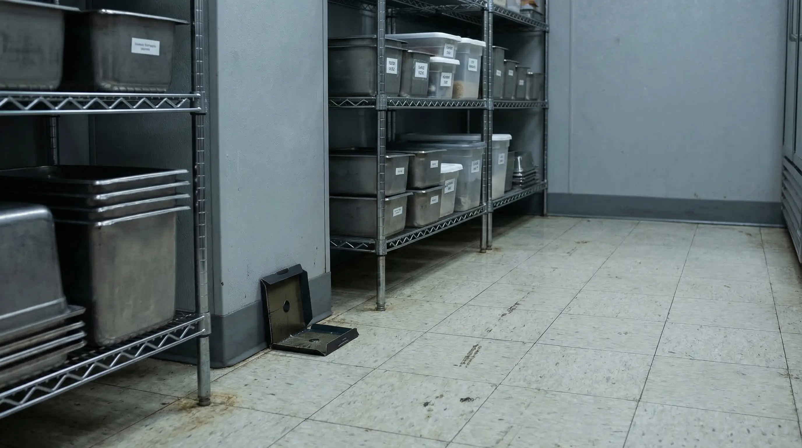 Metal storage shelves with labeled containers in a commercial kitchen setting