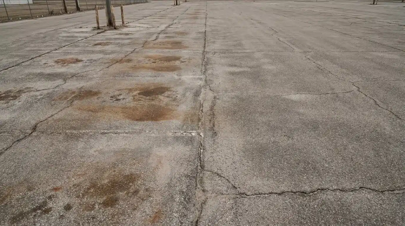Cracked concrete parking lot with faded markings and patches under overcast sky