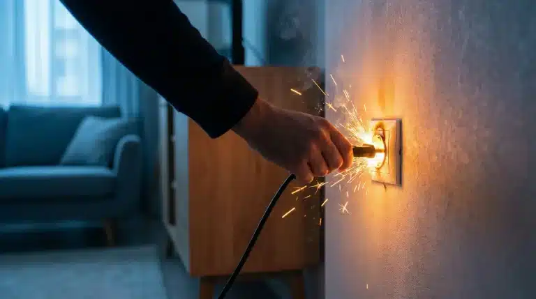 Hand unplugging sparking electrical plug from wall socket in dimly lit living room