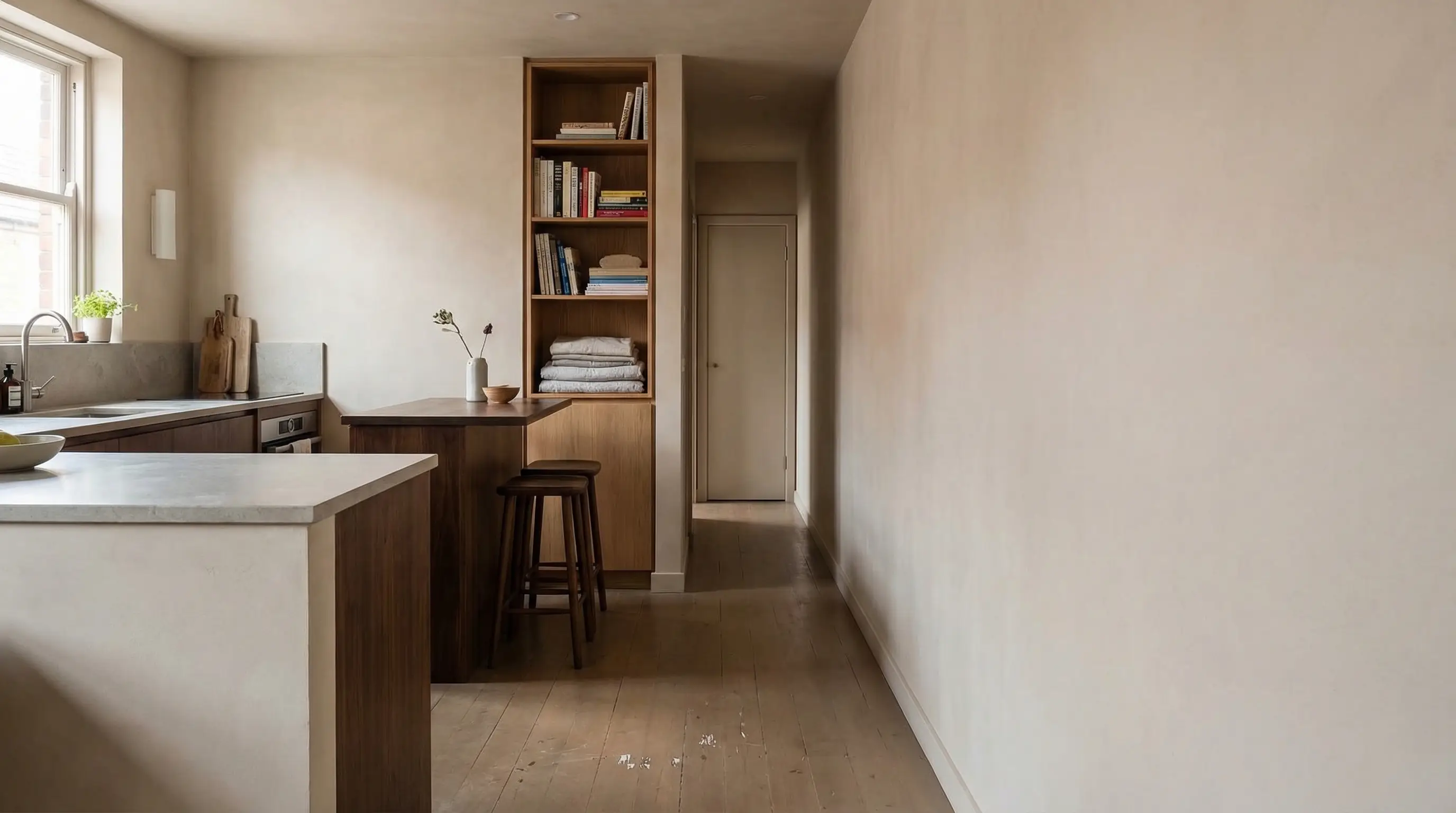 Minimalist kitchen with wooden cabinetry, open shelving, and stone countertops under natural light