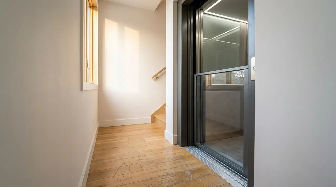 Small home elevator beside wooden staircase in minimalist hallway with natural light