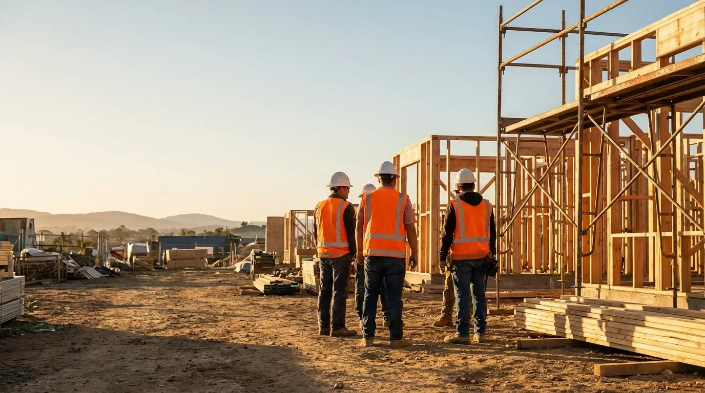 Construction workers wearing safety vests and helmets on a building site at sunset