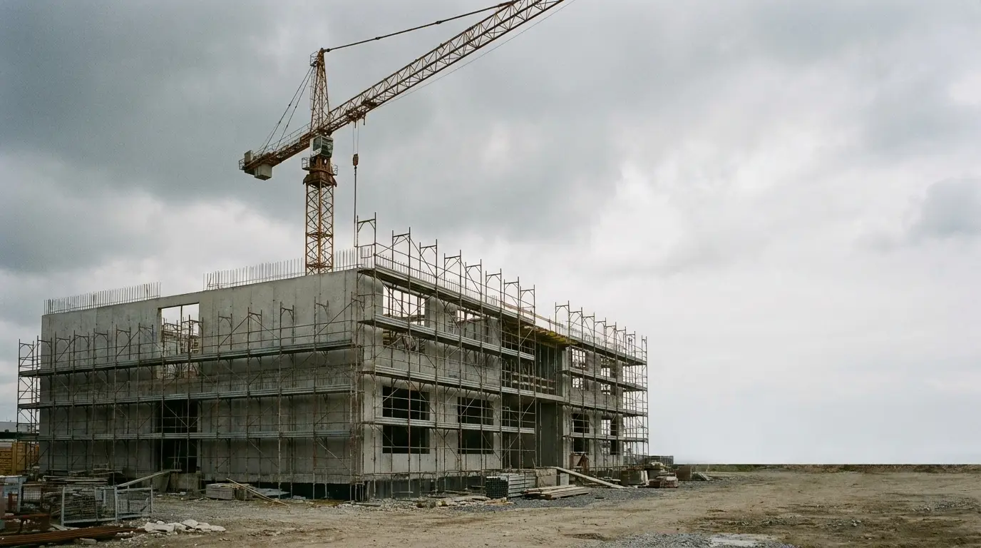 Construction site with crane and scaffolding surrounding unfinished concrete building under cloudy sky