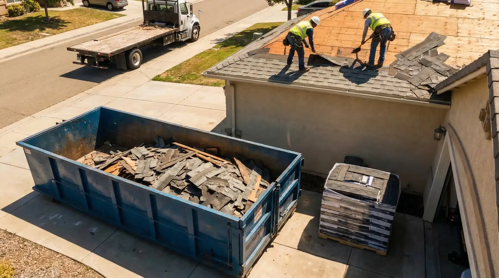 Workers removing roof shingles from suburban house next to large blue dumpster