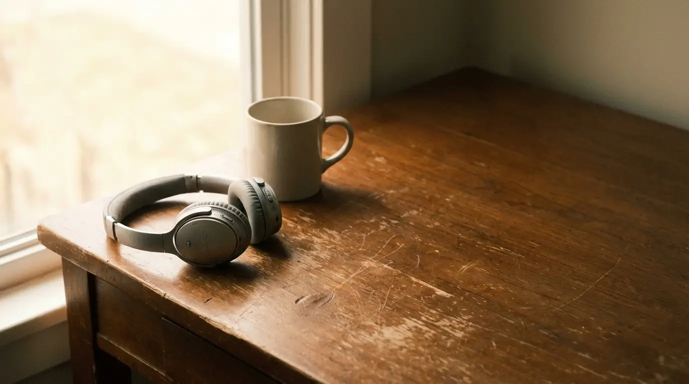 Headphones and ceramic mug on wooden table by sunlit window