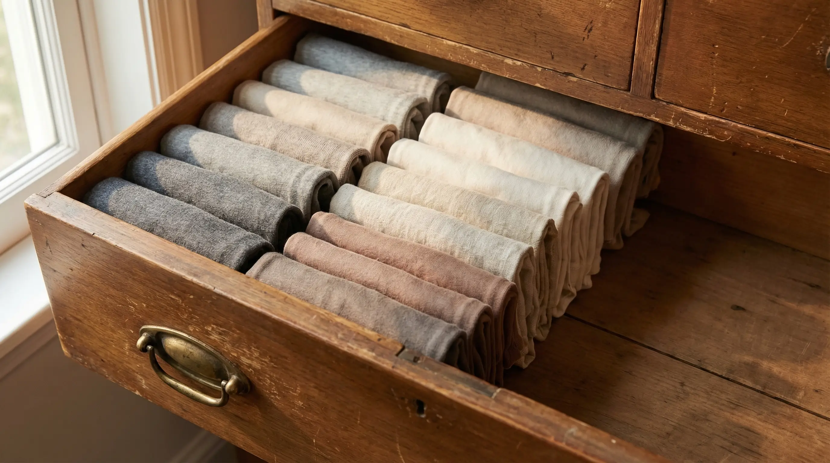 Neatly folded towels in a wooden drawer by a window in natural light