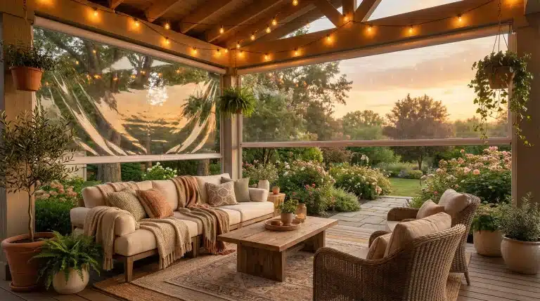 Cozy outdoor patio with cushioned seating and hanging plants at sunset with garden view