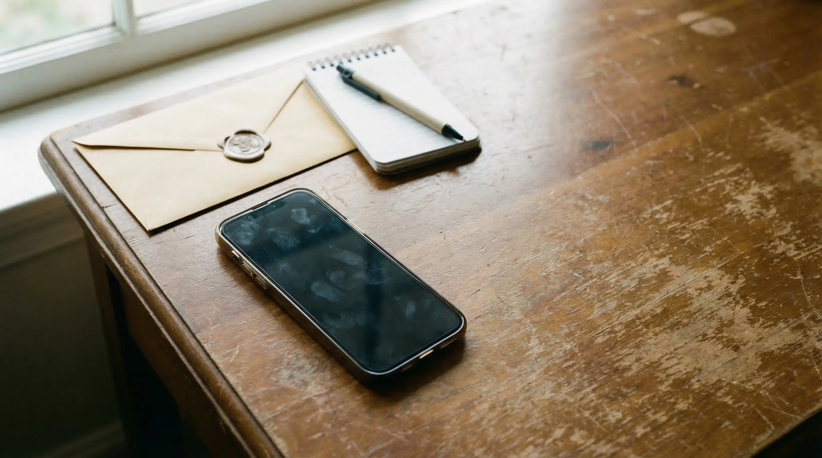 Smartphone with fingerprint smudges on wooden desk beside notebook, pen, and sealed envelope