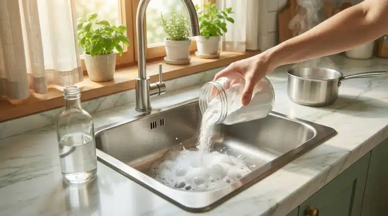 Hand pouring baking soda into stainless steel sink with soapy water in sunlit kitchen
