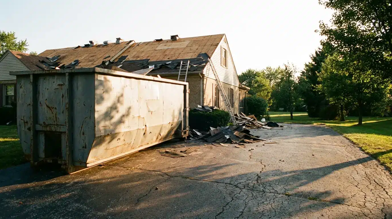 House with stripped roof and debris beside a large metal dumpster in sunny yard