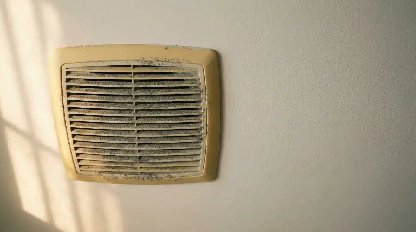 Dirty yellow exhaust vent on white wall under sunlight