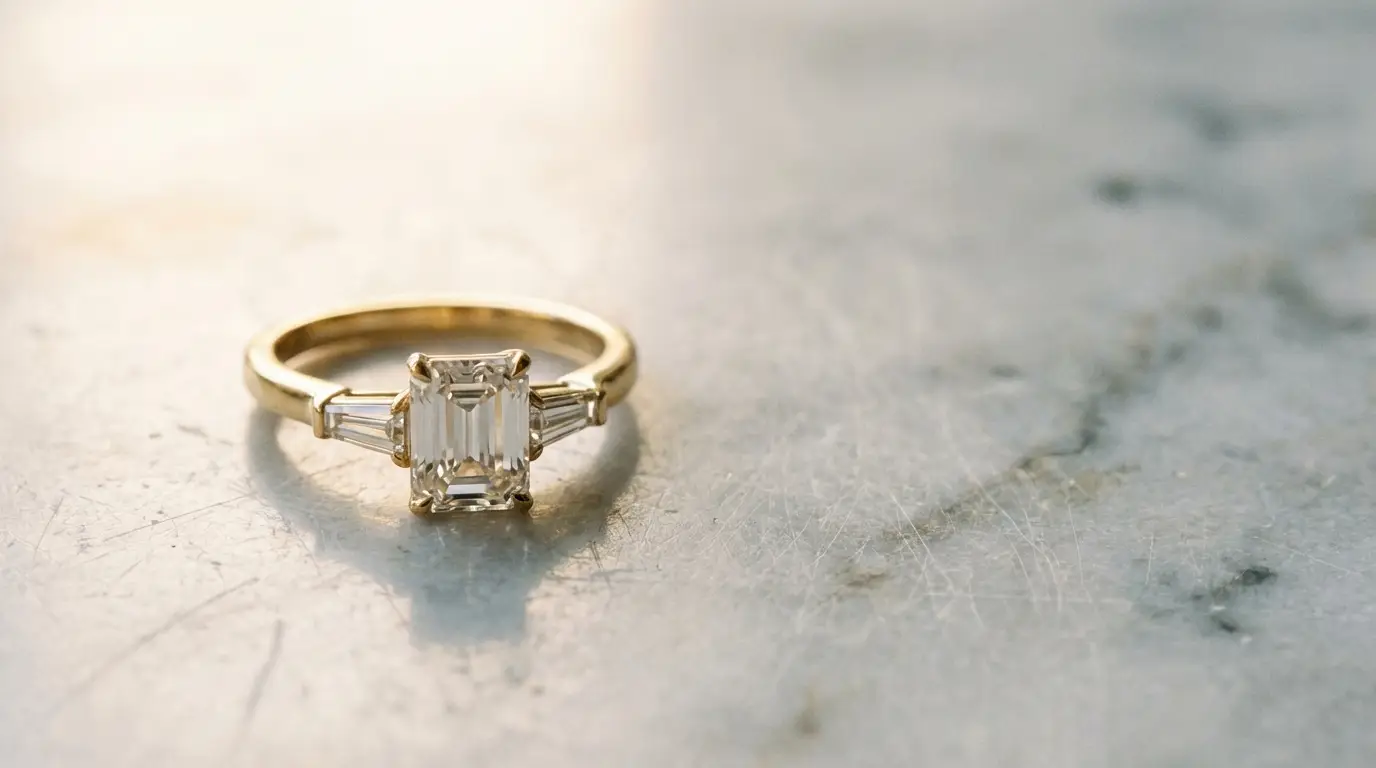 Gold engagement ring with emerald cut diamond on a textured marble surface