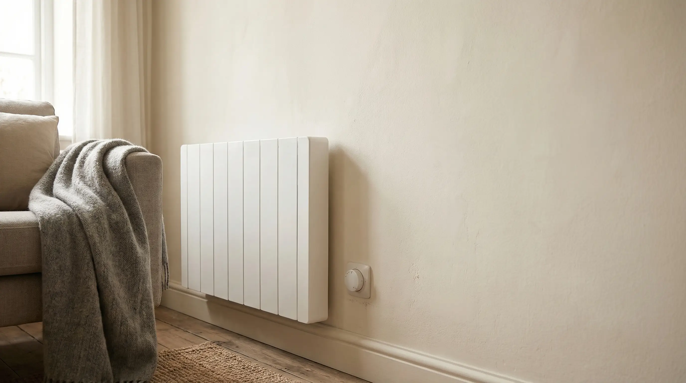 Modern white wall radiator in cozy living room with beige sofa and throw blanket