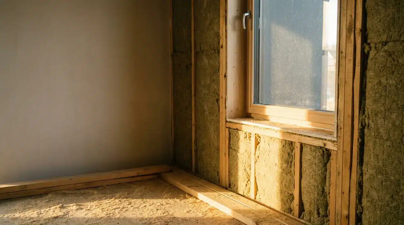 Unfinished room with exposed insulation and large window under warm natural light