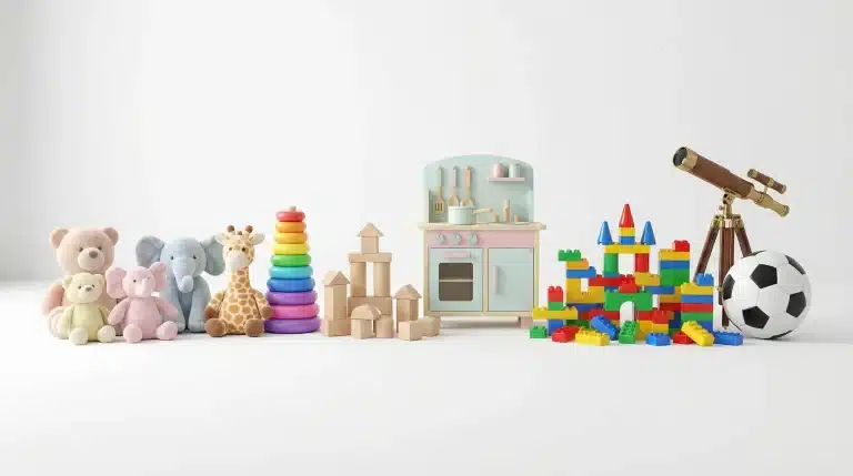 Stuffed animals, wooden toys, and colorful blocks on a white background