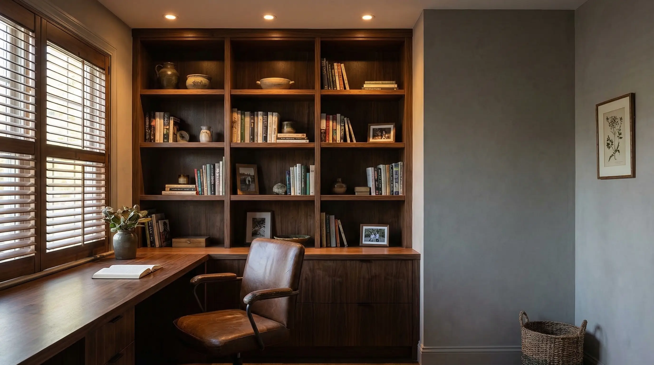 Bookshelf and leather chair in home office with wooden desk and large window shutters