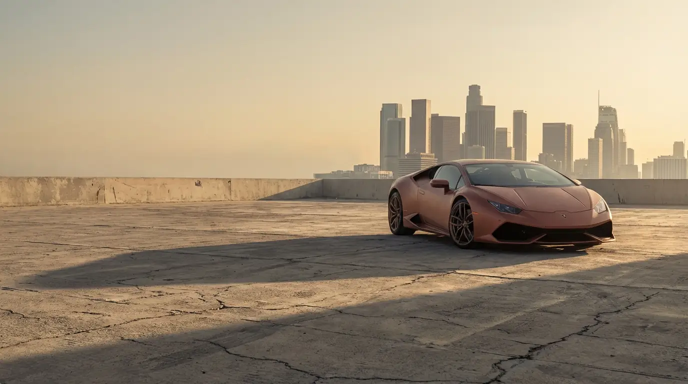 Sleek sports car on rooftop with city skyline in background at sunset