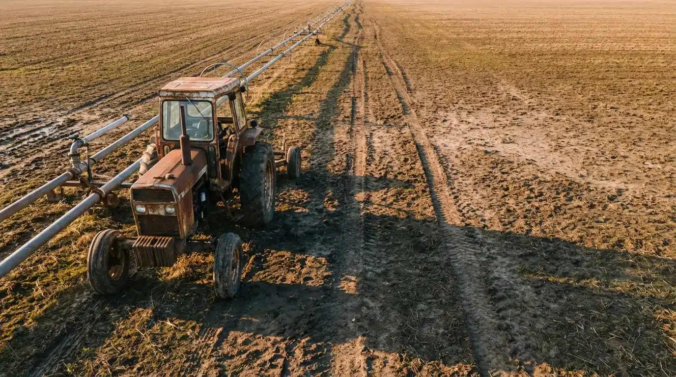 Rustic tractor parked in expansive muddy field with irrigation system running alongside