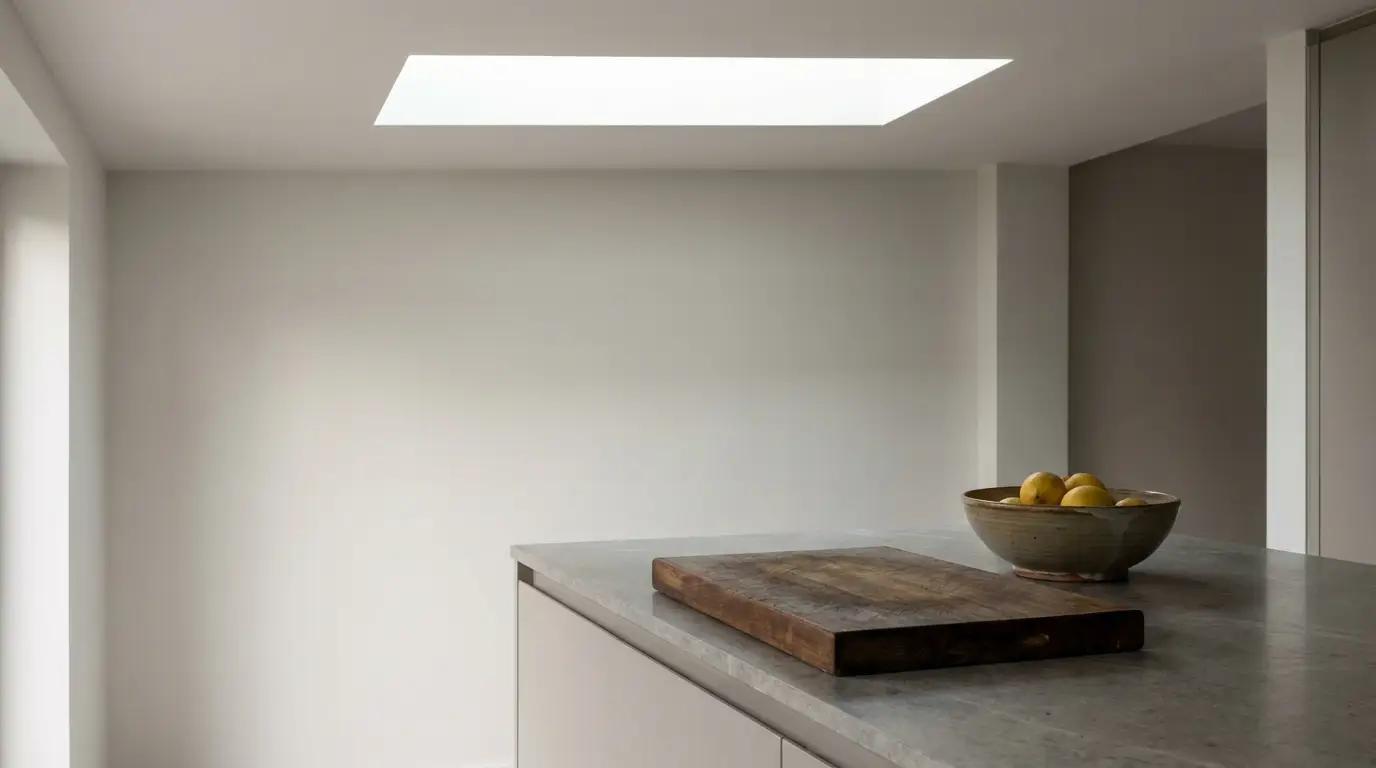 Minimalist kitchen island with wooden cutting board and bowl of lemons under skylight