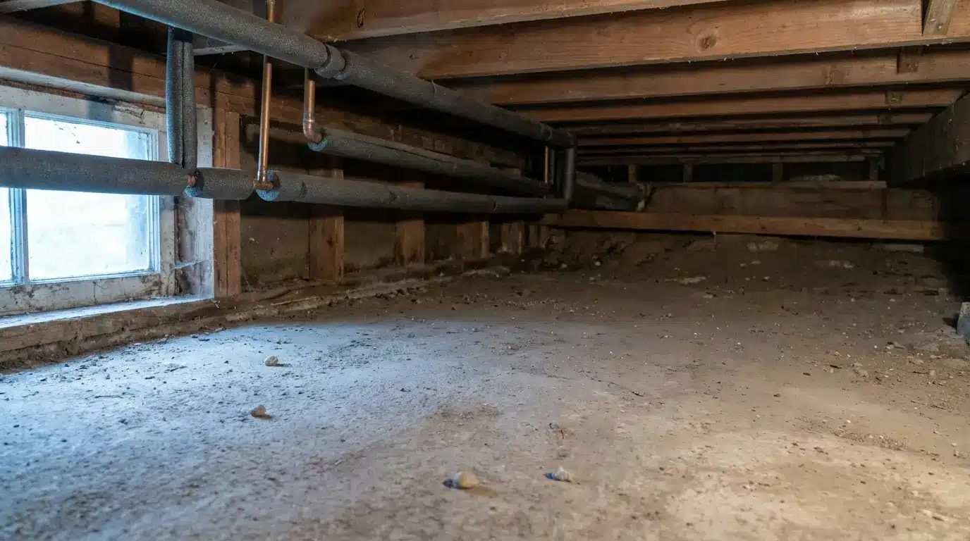 Crawl space with exposed insulation pipes and small dusty window in dim light