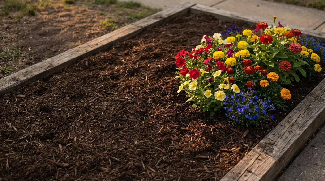 Colorful flowers blooming in a wooden garden bed with fresh mulch in a backyard setting