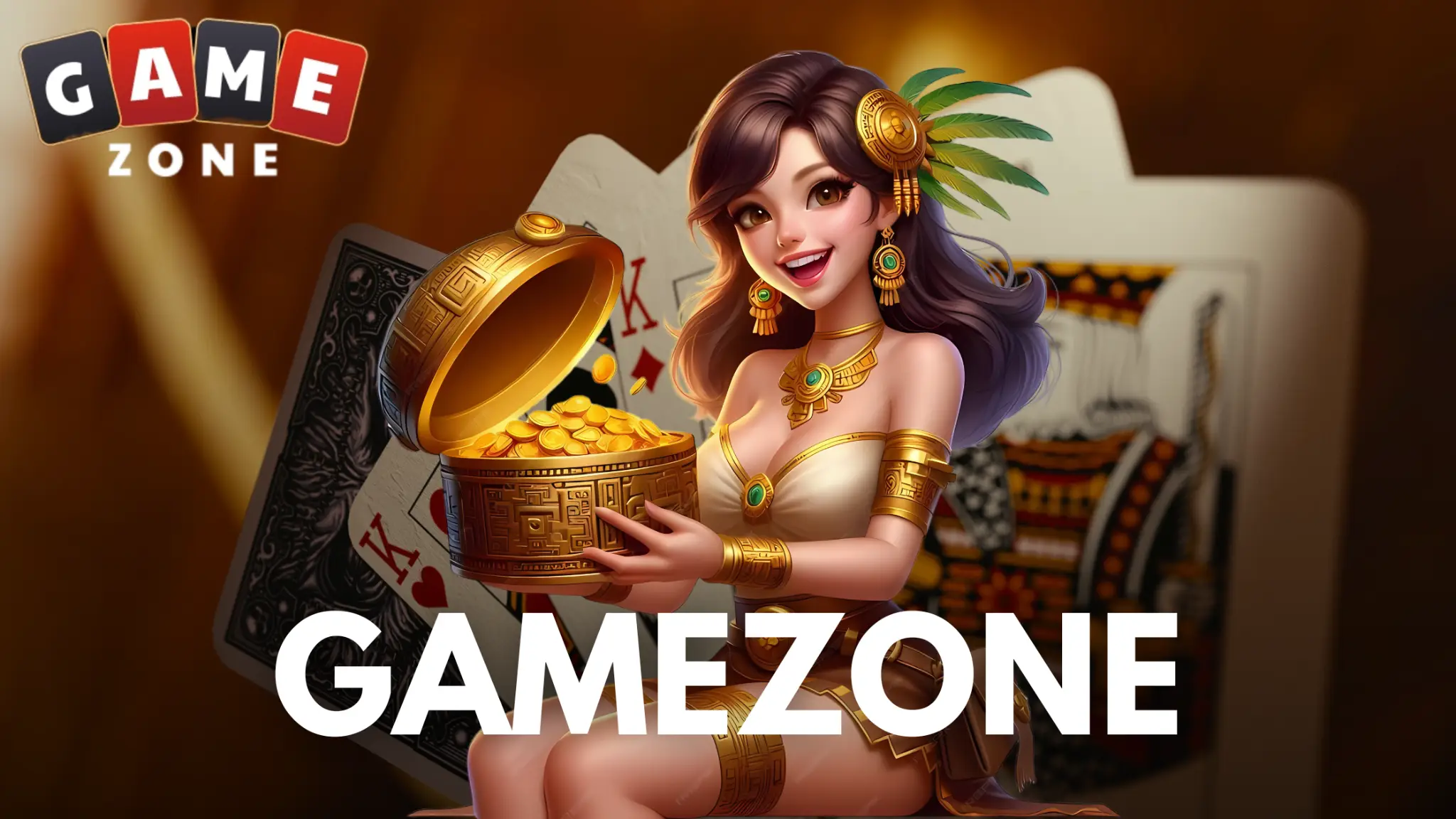 Smiling animated woman in gold jewelry holds open chest of coins in front of playing cards