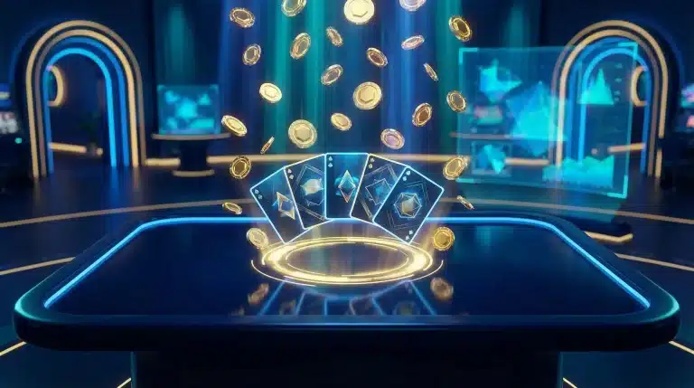 Digital playing cards and gold tokens floating over illuminated table in futuristic gaming room