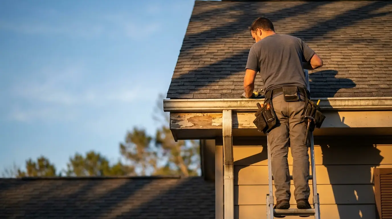 Man repairing roof while standing on a ladder with tool belt in sunlight