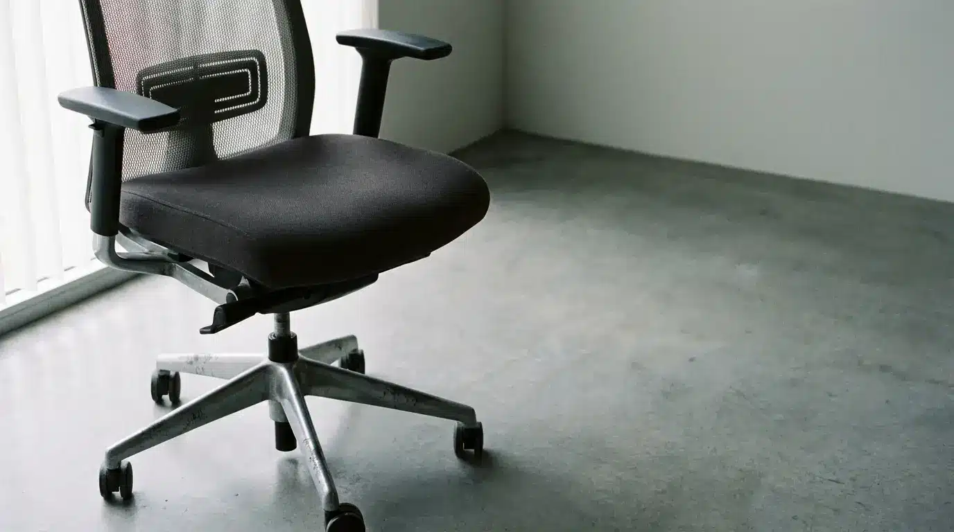 Black ergonomic office chair on gray concrete floor in sunlight