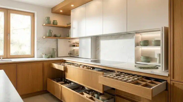 Modern kitchen with open wooden drawers and green ceramic dishes on marble countertop