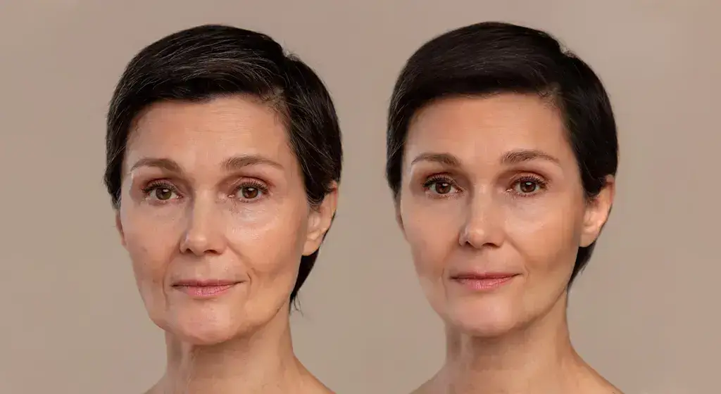 Side-by-side portraits of a woman before and after skincare treatment against neutral background
