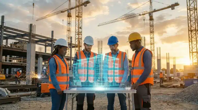 Construction workers in safety gear examining digital building blueprint outdoors at construction site
