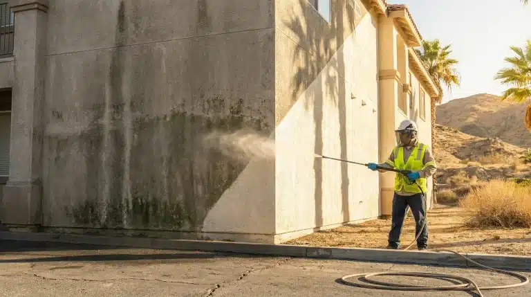 Worker pressure washing building exterior in sunny desert environment with protective gear