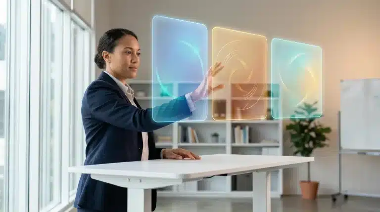 Businesswoman interacting with holographic screens in modern office setting with large windows