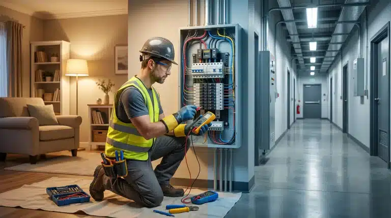 Electrician wearing safety gear inspecting wiring in utility room with tools and equipment nearby
